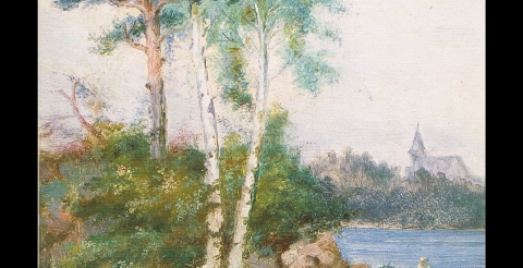  J. I. Kraszewski; Krajobraz z brzozami, olej na płótnie 